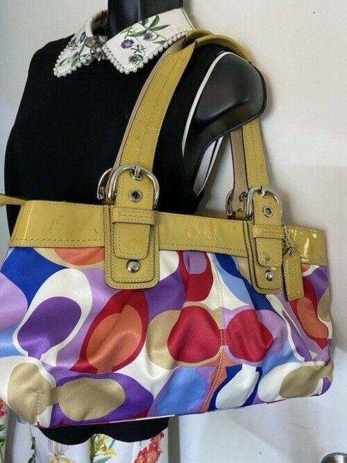 coach bag purple blue red fabric tote