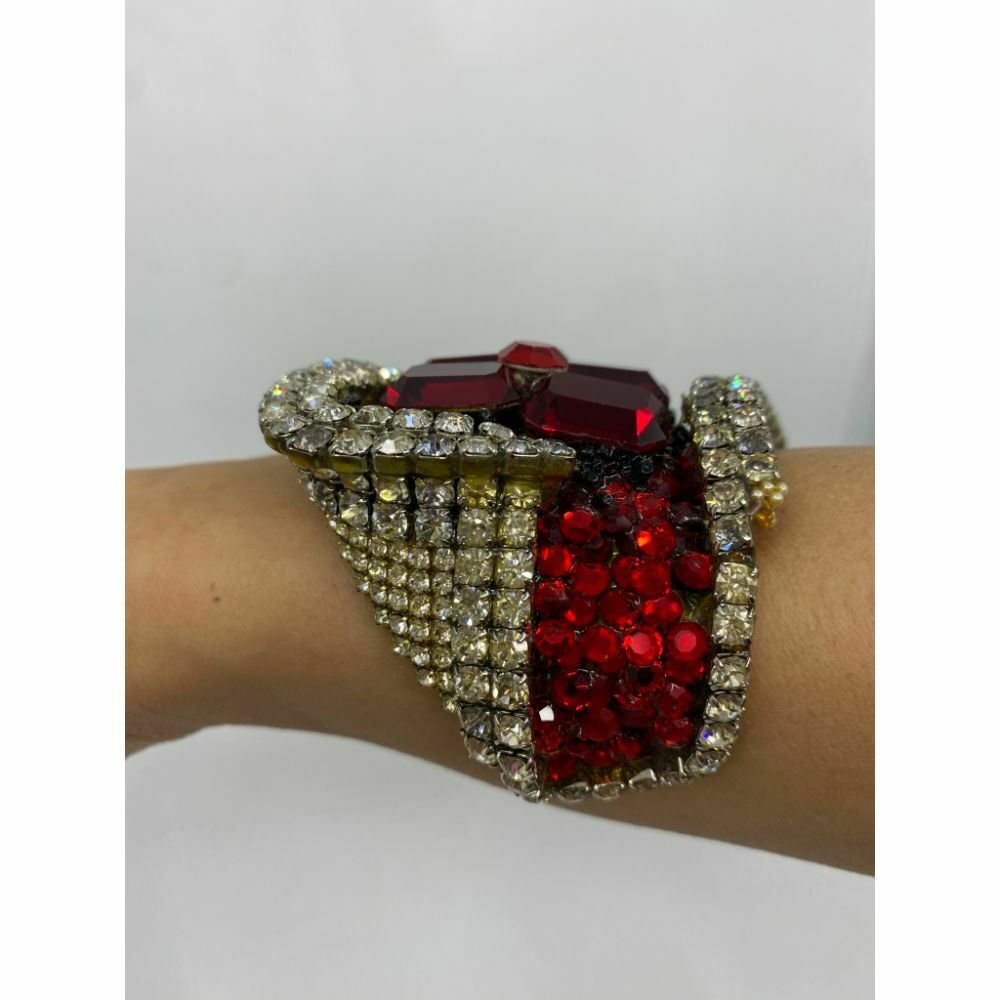 Rare! WENDY GELL 1985 Signed Red Be Jeweled Cuff Bracelet