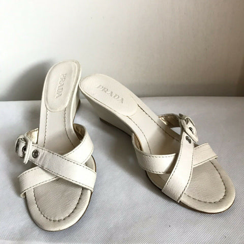 PRADA White Leather Wedge Sandals