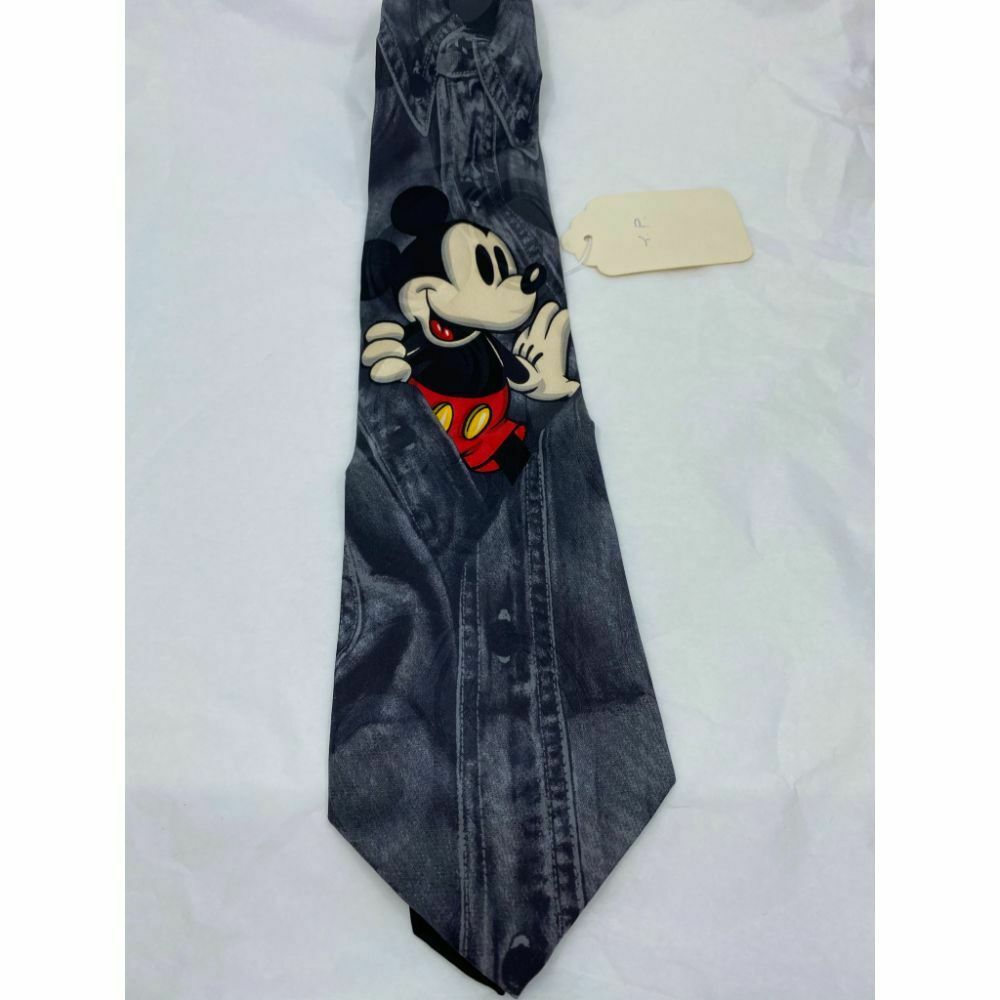 New! MICKEY MOUSE Disney Neck Tie Gray White 100% Silk Handmade
