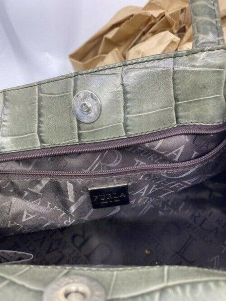 Furla Croco Embossed Bowler Green Leather Shoulder Bag
