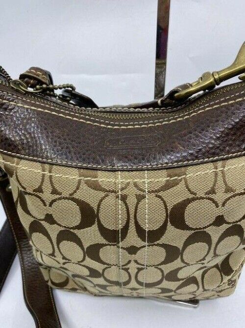 coach medium size brown beige jacquard fabric cross body bag