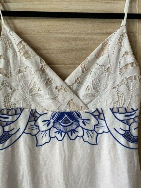 nicole miller white blue w linen w embroidery msrp small short casual dress