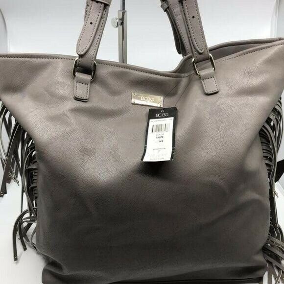BCBG Fringe Tote Gray Faux Leather Shoulder Bag