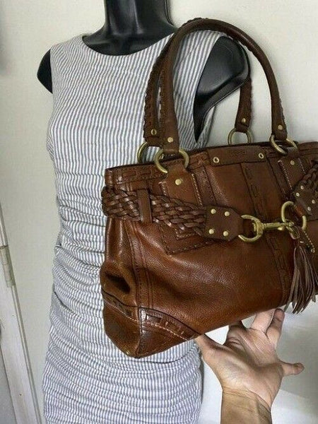 coach w medium w braided design whiskey brown leather shoulder bag
