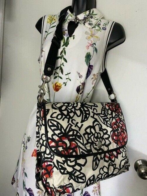 coach tote black white red fabric messenger bag