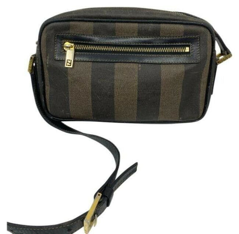 Fendi Vintage Signature Stripe Coated Canvas Brown Tan Shoulder Bag