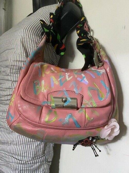 Coach w hand customized by me w applique street art coral hobo bag