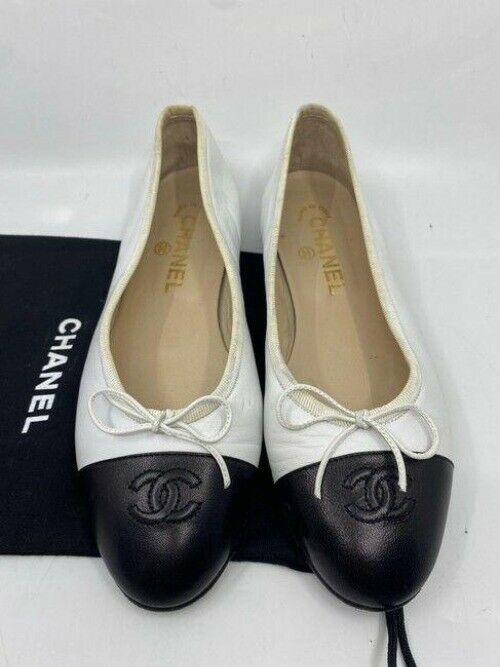 Chanel black white white leather cap toe ballerina flats size eu