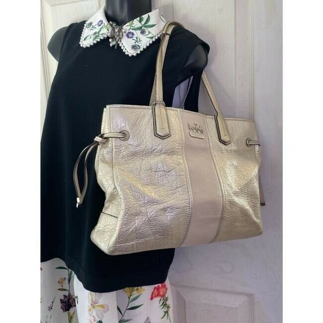 COACH XL Cream Silver Leather Shopping Tote Bag