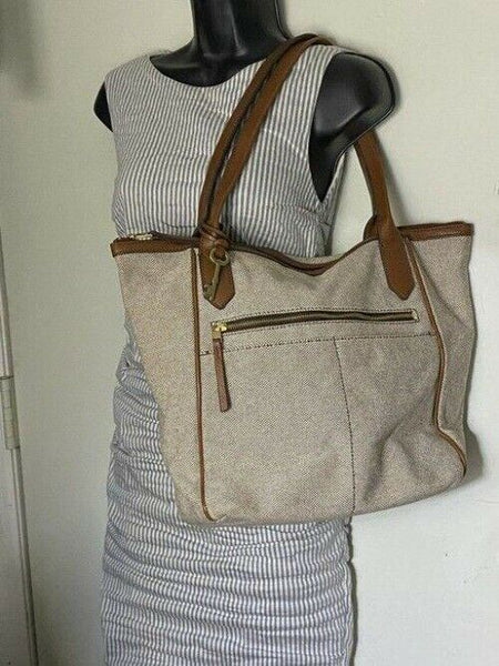 Fossil Tote Brown White Nylon Fabric Shoulder Bag