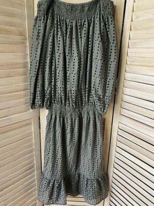 Nicole Miller olive off the shoulder eyelet msrp small long casual maxi dress