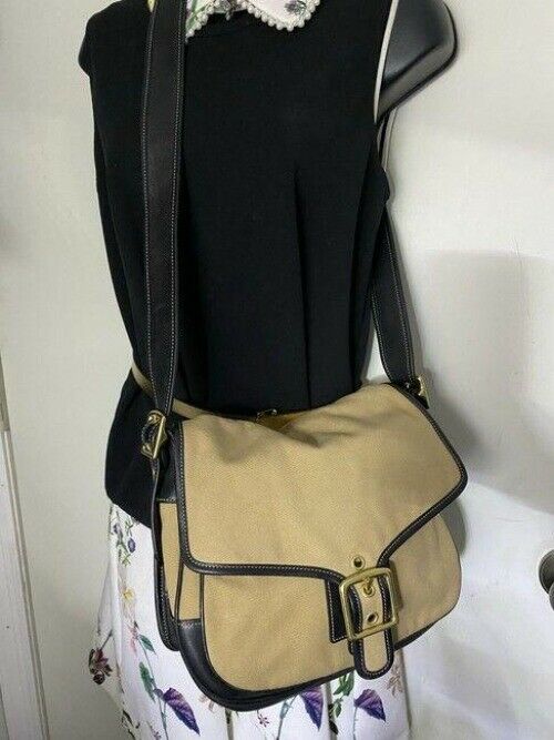 coach fabric canvas medium tan black canvas leather cross body bag
