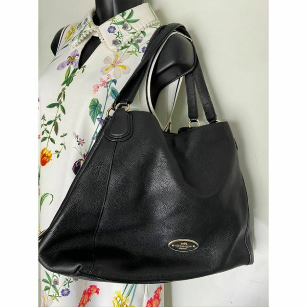 Coach Black Leather Classic Tote Bag Multiple Compartments