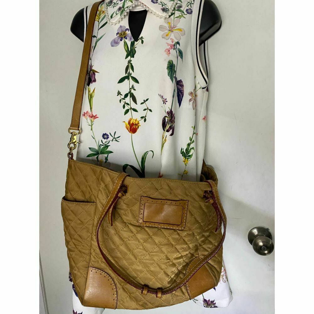 MZ WALLACE XL Light Brown Quilted Tote Bag w/ Leather Trim And Crossbody Strap