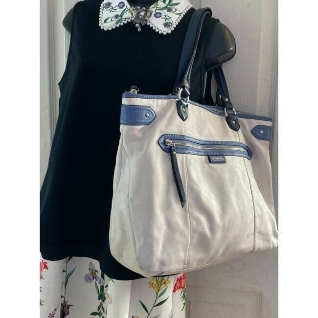COACH XL White Blue Leather Shopping Tote Bag