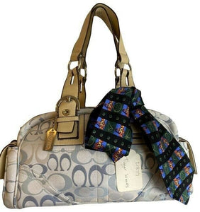 coach w all over logo w add on pooh tie white blue jacquard fabric tote