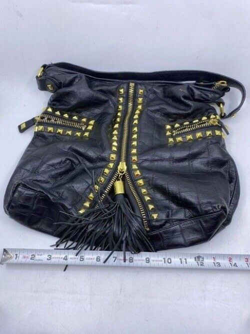 Betsey Johnson Large Studded Zippered Black Leather Shoulder Bag