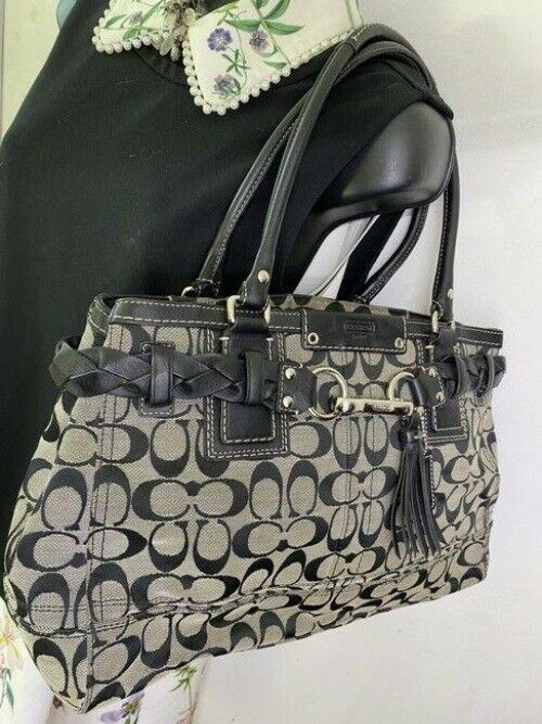 coach bag cream black fabric tote