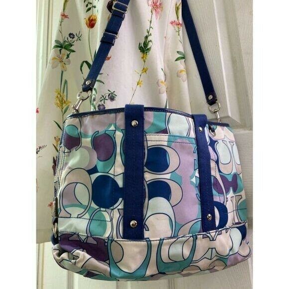 COACH Large Blue White Purple Jacquard Fabric Tote Bag