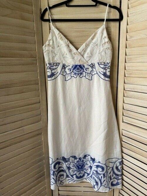 nicole miller white blue w linen w embroidery msrp small short casual dress