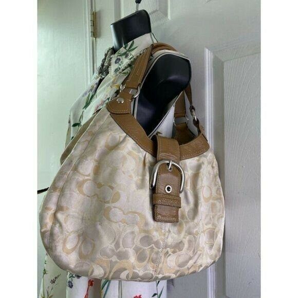 COACH Large White Tan Jacquard Fabric Tote Bag