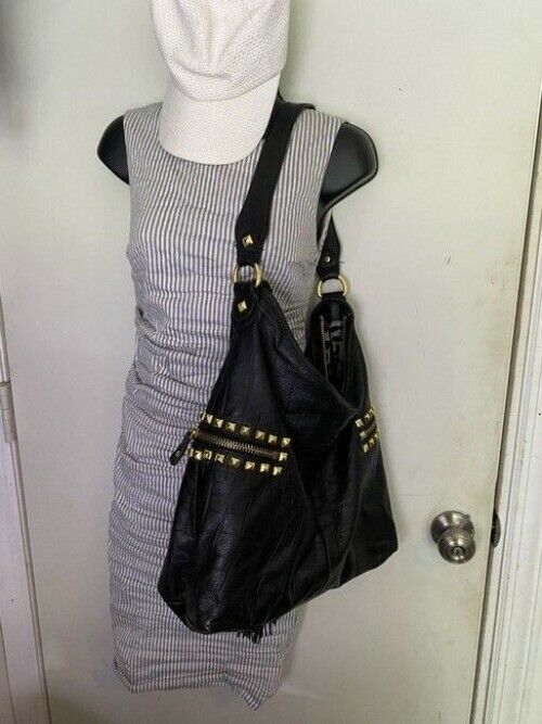 Betsey Johnson Large Studded Zippered Black Leather Shoulder Bag