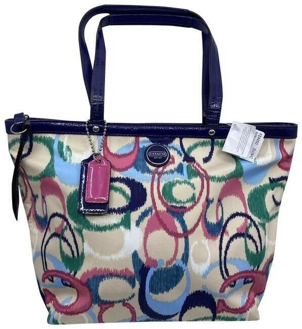 coach bag blue beige pink green fabric tote