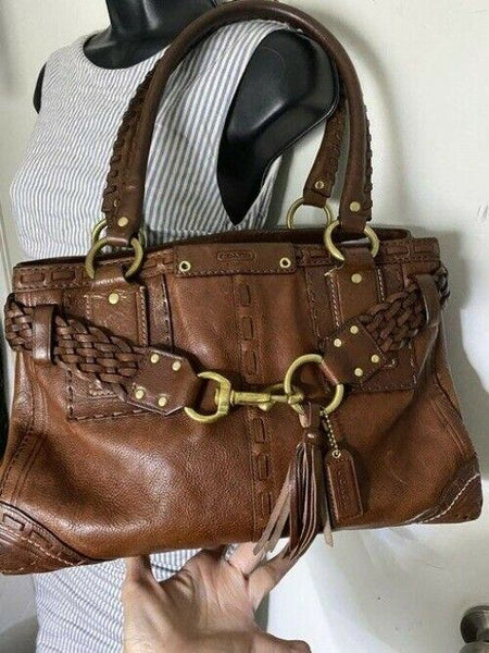 coach w medium w braided design whiskey brown leather shoulder bag