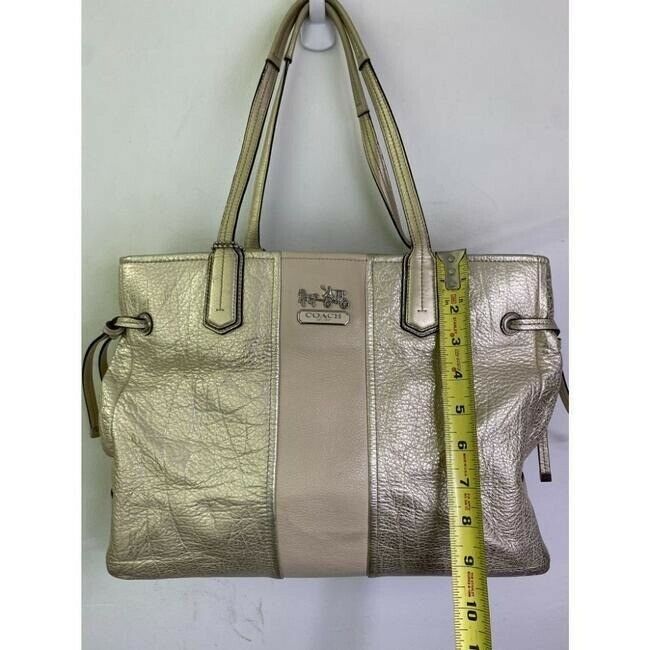 COACH XL Cream Silver Leather Shopping Tote Bag