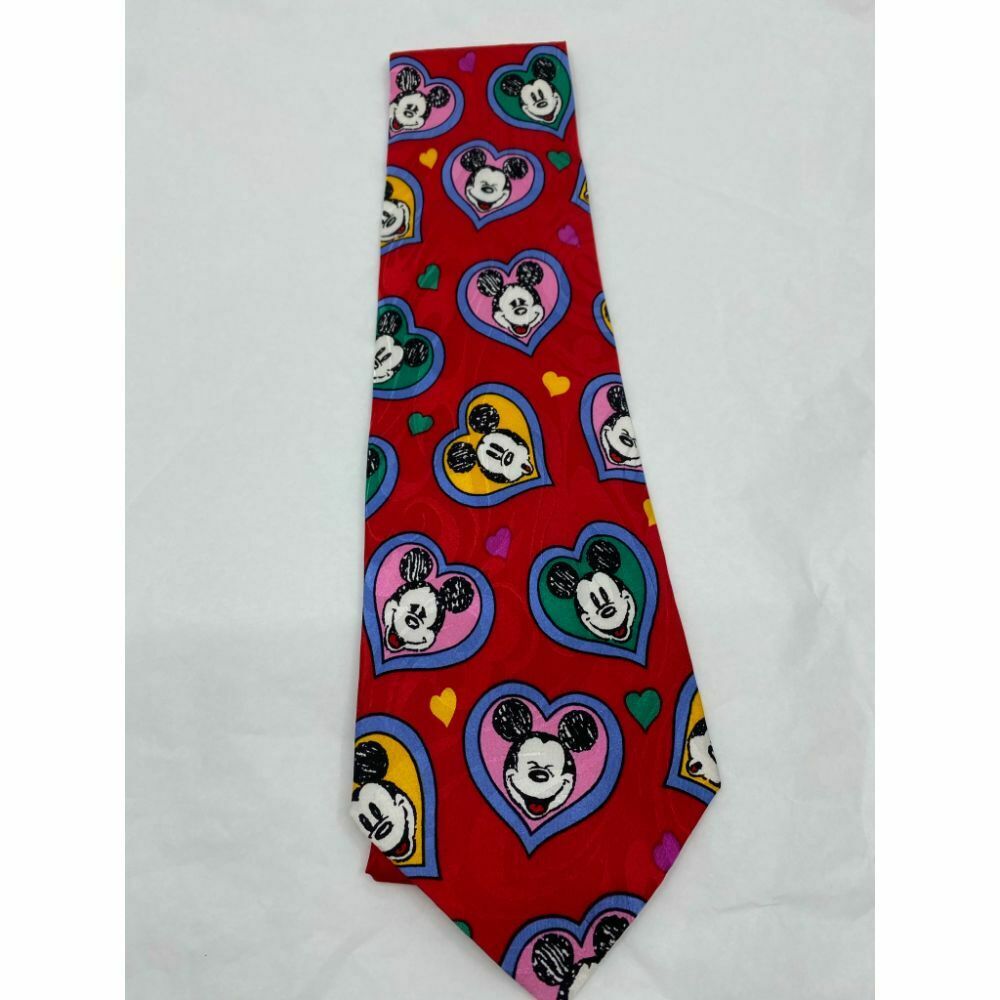 New! MICKEY MOUSE Disney Neck Tie Red Multicolor 100% Silk Handmade