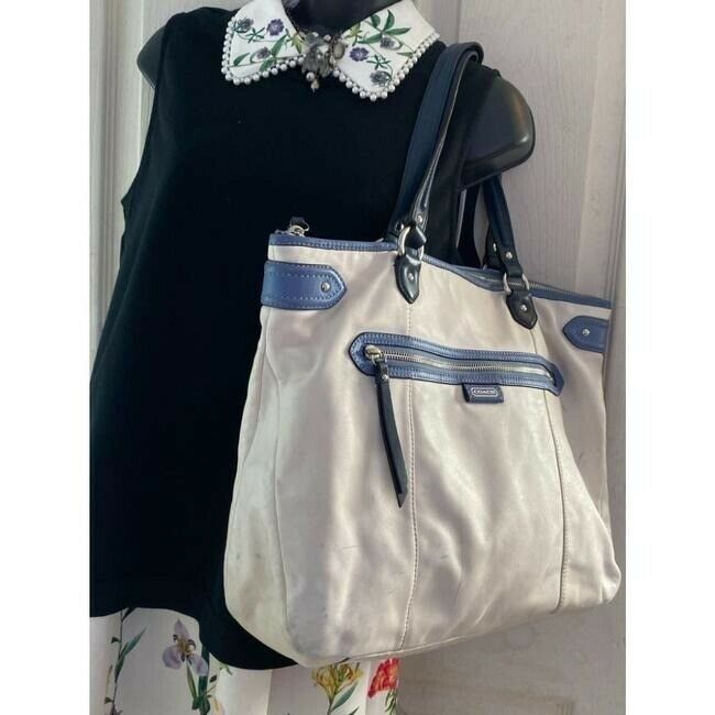 COACH XL White Blue Leather Shopping Tote Bag