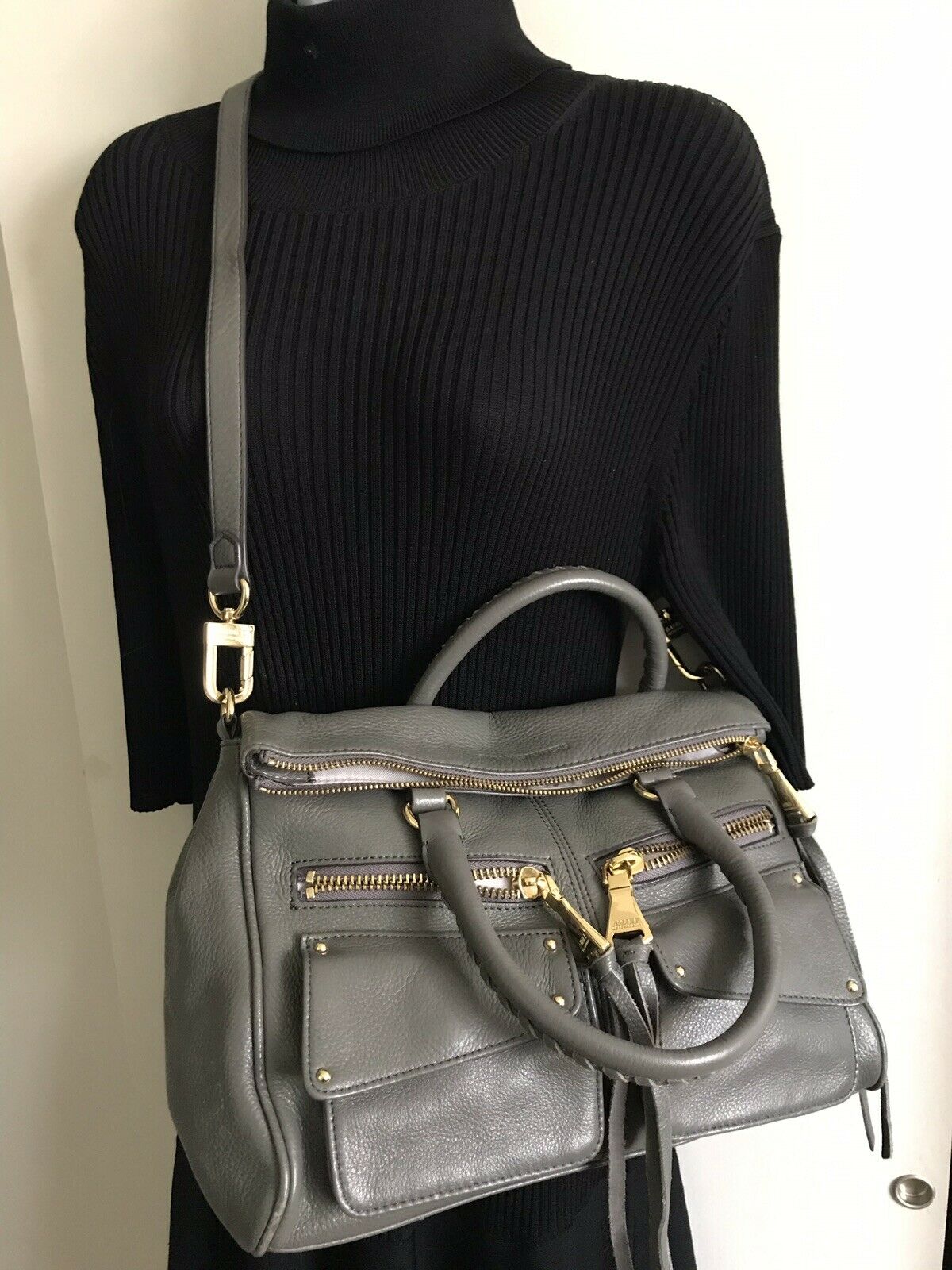 Aimee Kestenberg Medium Slate Leather Handbag With Gold Accents