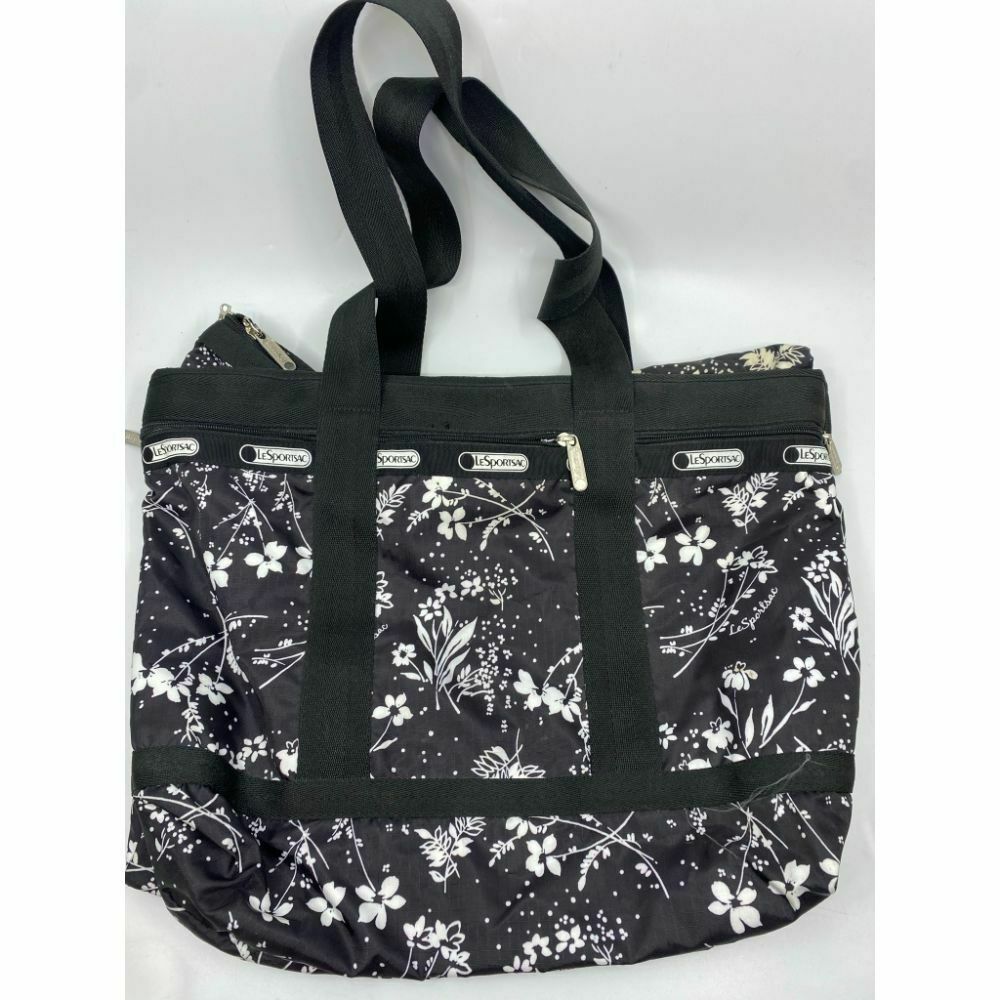 Le Sportsac Black White Floral Nylon Tote Bag
