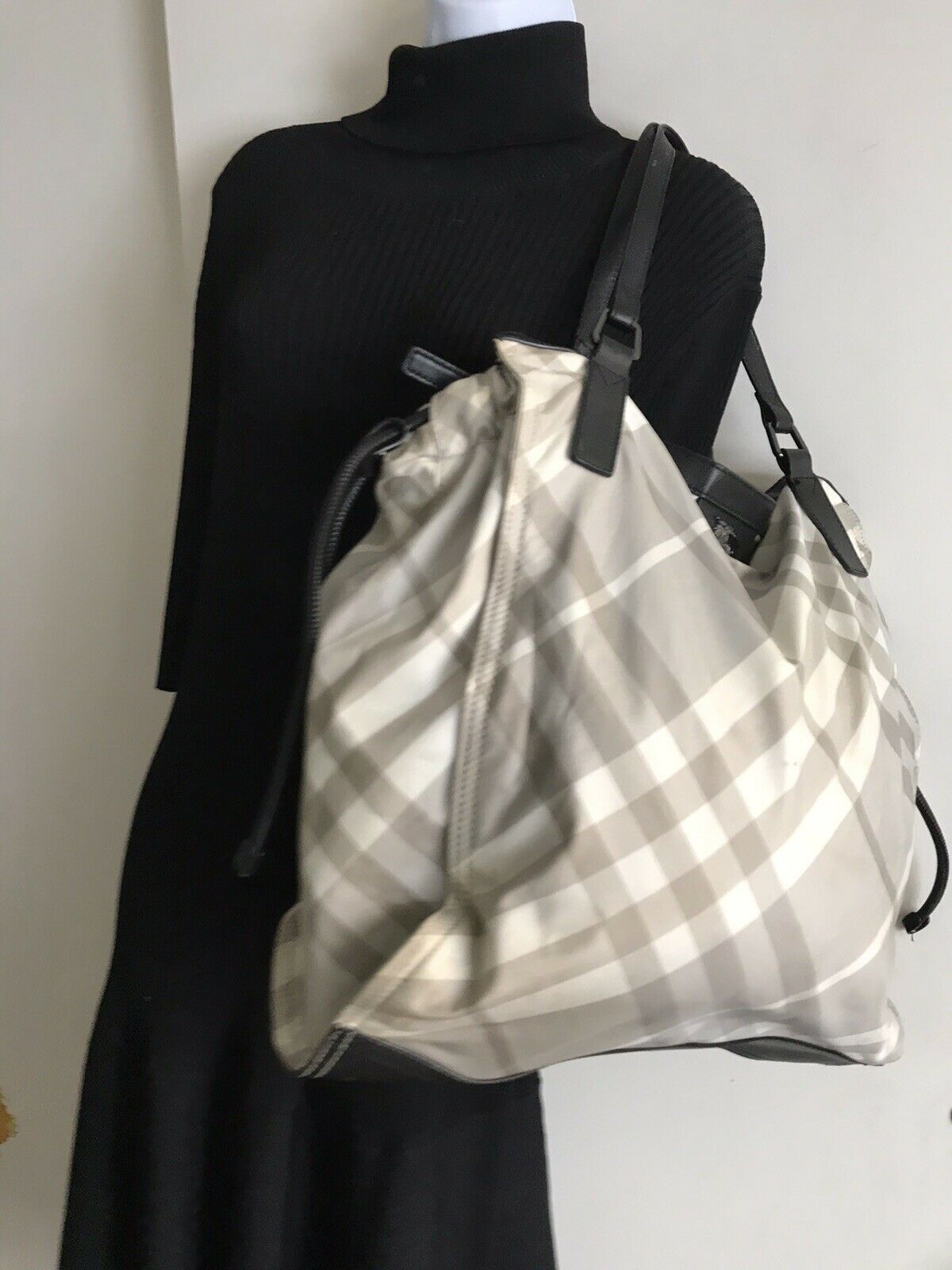 BURBERRY Grey  Plaid nylon tote Bag Classic