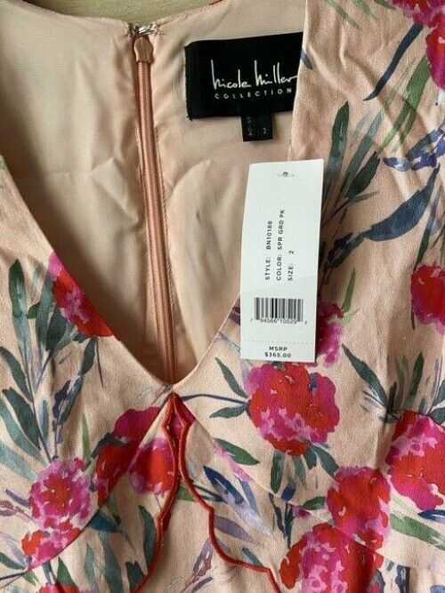 Nicole Miller red beige print linen msrp small short formal dress