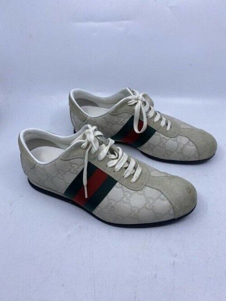 Gucci White Leather Gg Lace Up Redgreen Stripe White Sneakers Size Us