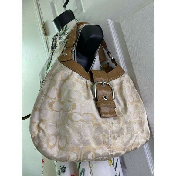 COACH Large White Tan Jacquard Fabric Tote Bag