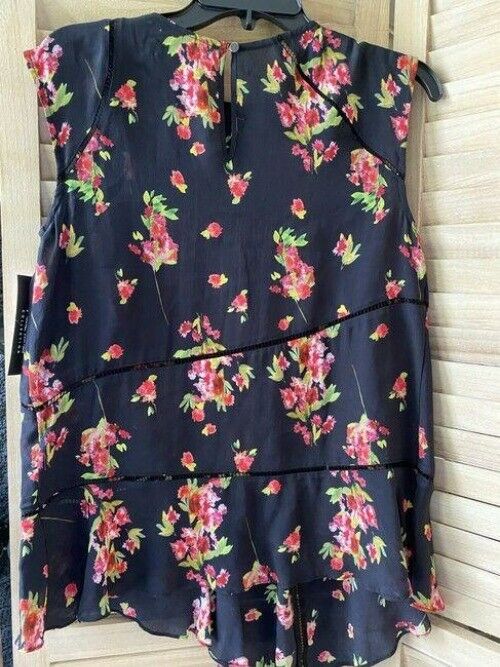 Nicole Miller black pink green floral msrp small blouse