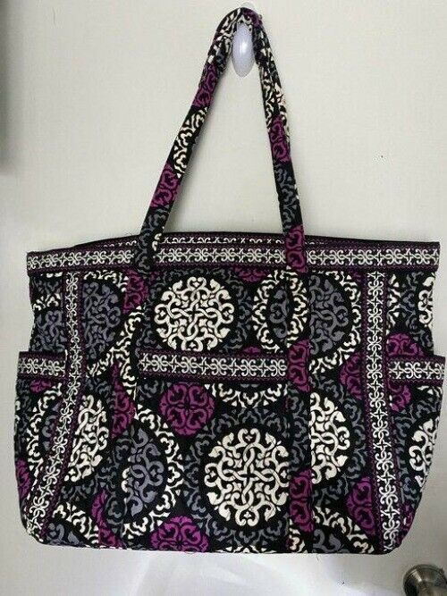 vera bradley bag quilted black purple white fabric tote