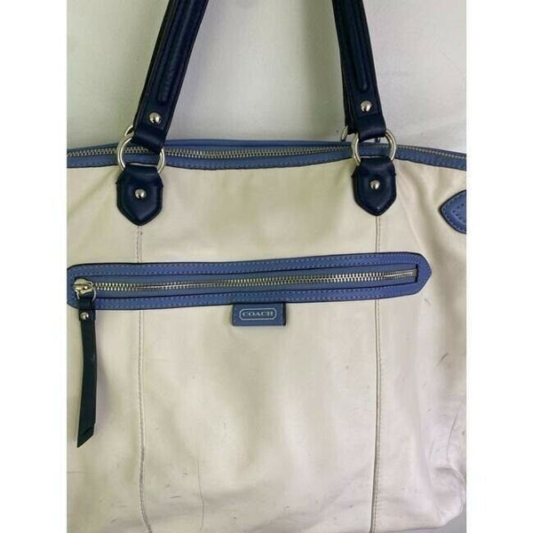 COACH XL White Blue Leather Shopping Tote Bag