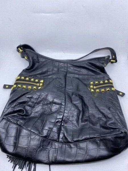Betsey Johnson Large Studded Zippered Black Leather Shoulder Bag