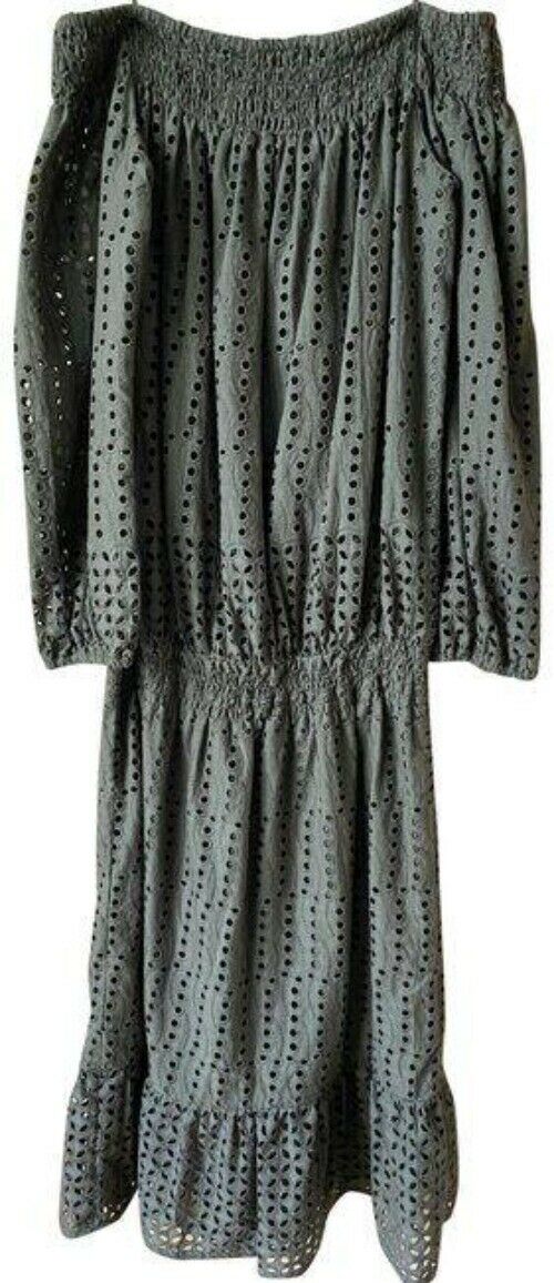 Nicole Miller olive off the shoulder eyelet msrp small long casual maxi dress