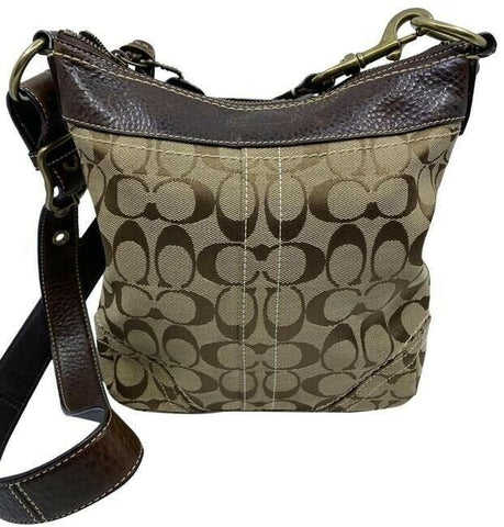 coach medium size brown beige jacquard fabric cross body bag
