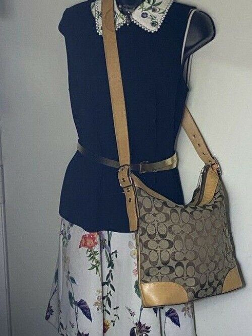 coach medium size tan brown jacquard fabric cross body bag