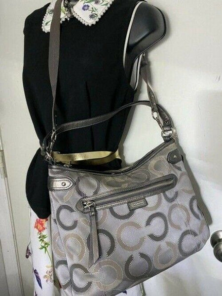 coach medium size silver gray jacquard fabric cross body bag