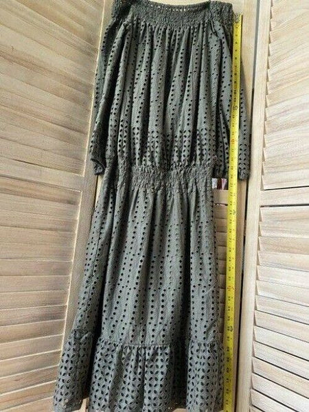 Nicole Miller olive off the shoulder eyelet msrp small long casual maxi dress