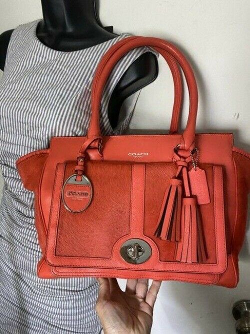Coach w w pony hair contrast handbag coral leather tote