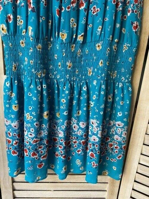 Nicole Miller Sky Blue New Floral Smocking Small Msrp Mid Length Short Casual Dr
