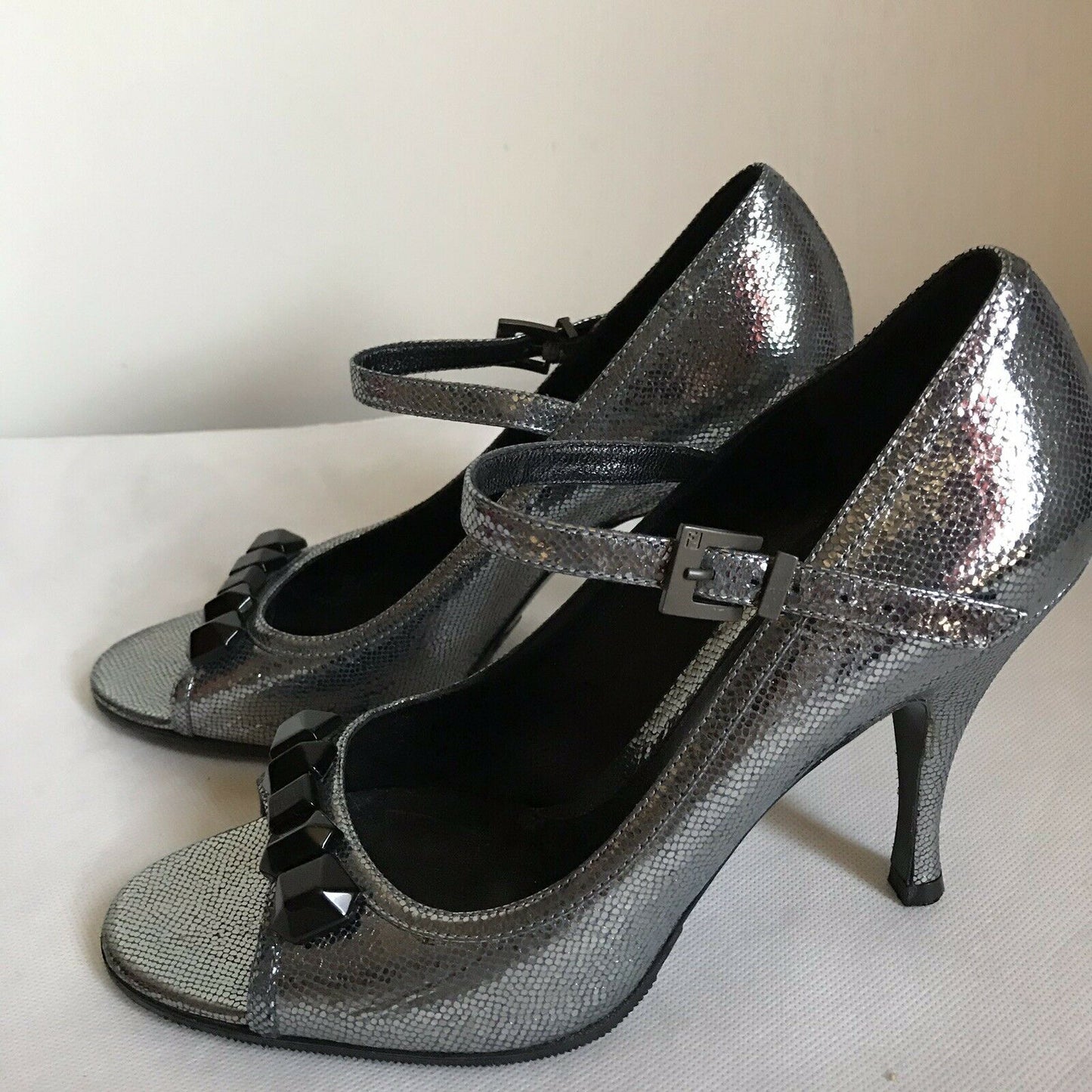 FENDI Pewter High Heel Peep Toe 37